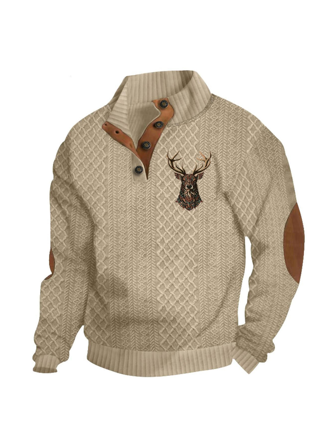 Herren nan Heritage-Strukturpullover mit Stehkragen Lederimitat-Besatz Ellenbogen-Patches und Halbknopfleiste