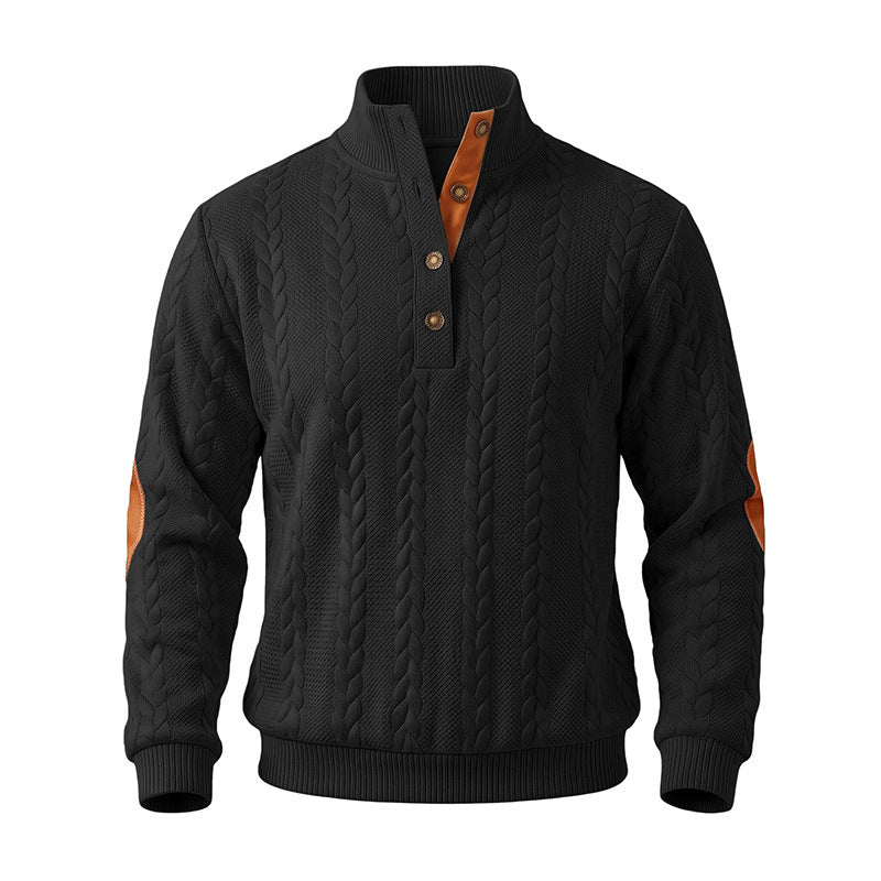 Herren Edler Zopfmuster-Strickpullover mit Kurzknopfleiste und Ellenbogenpatches Nord Taschen