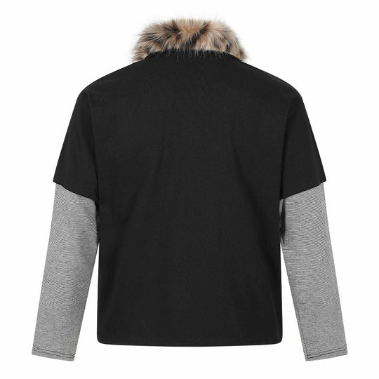 Damen Layered-Optik Langarm-Polo mit Kunstfellkragen und Wappenstickerei Nord Taschen