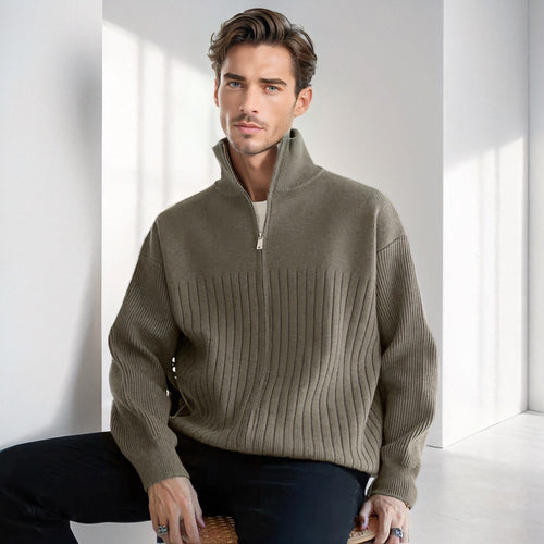 Herren Halbzip-Strickpullover mit hohem Stehkragen und breitem Rippenmuster Nord Taschen
