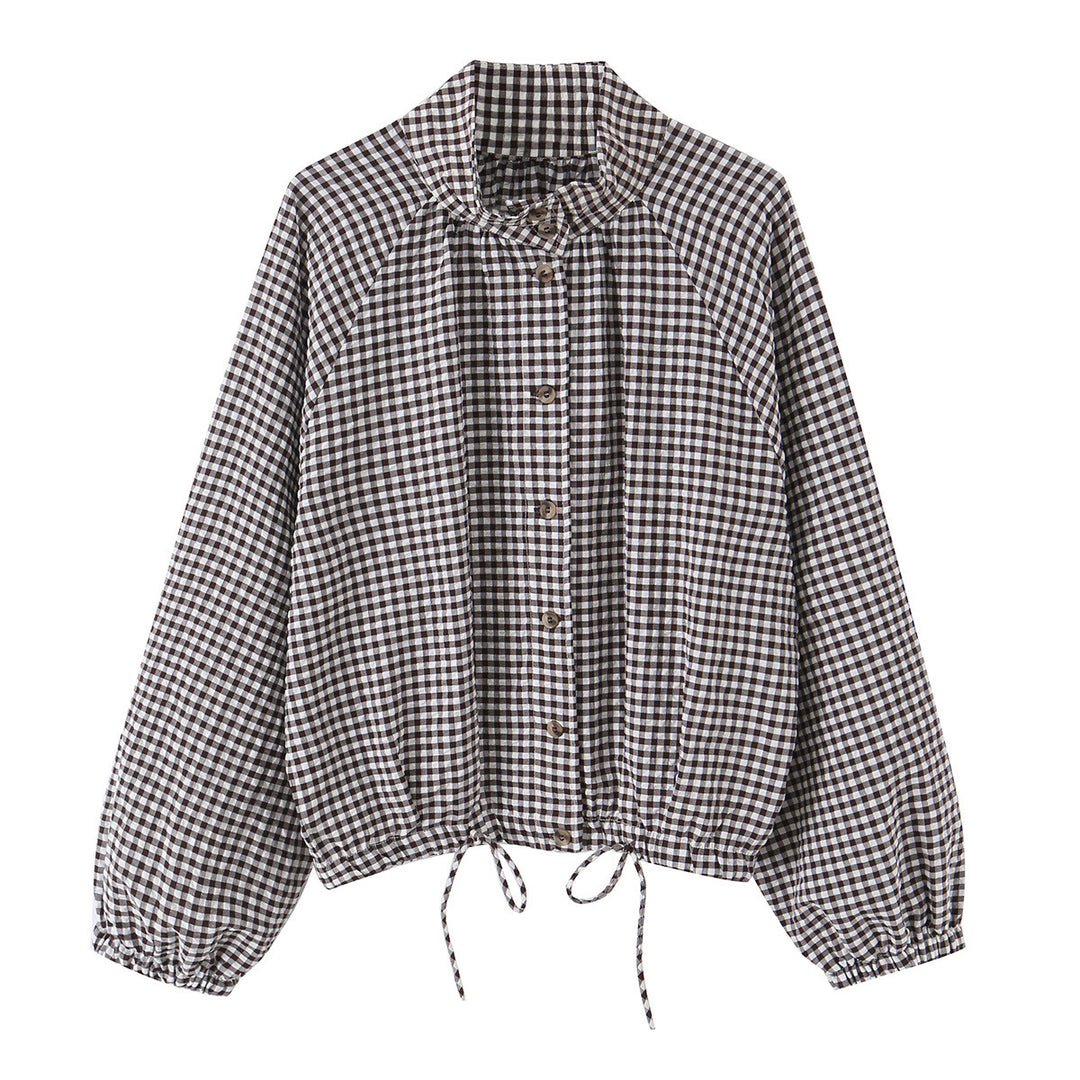 Damen Karierter Gingham-Blouson mit Tunnelzug-Saum, Raglanärmeln und Stehkragen Nord Taschen