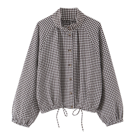Damen Karierter Gingham-Blouson mit Tunnelzug-Saum, Raglanärmeln und Stehkragen Nord Taschen