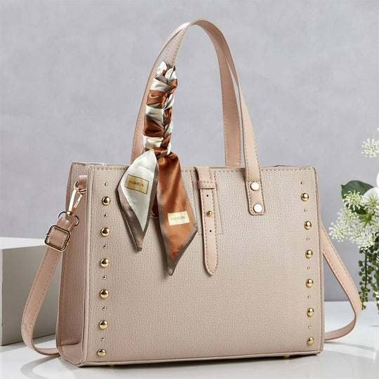 Damen elegante Tote-Handtasche mit goldenen Nieten und modischem Schal Nord Taschen