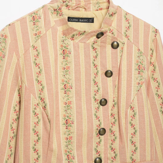Damen Kurzjacke im Vintage-Streifen- und Blumenmuster mit Stehkragen und dekorativer Knopfleiste Nord Taschen