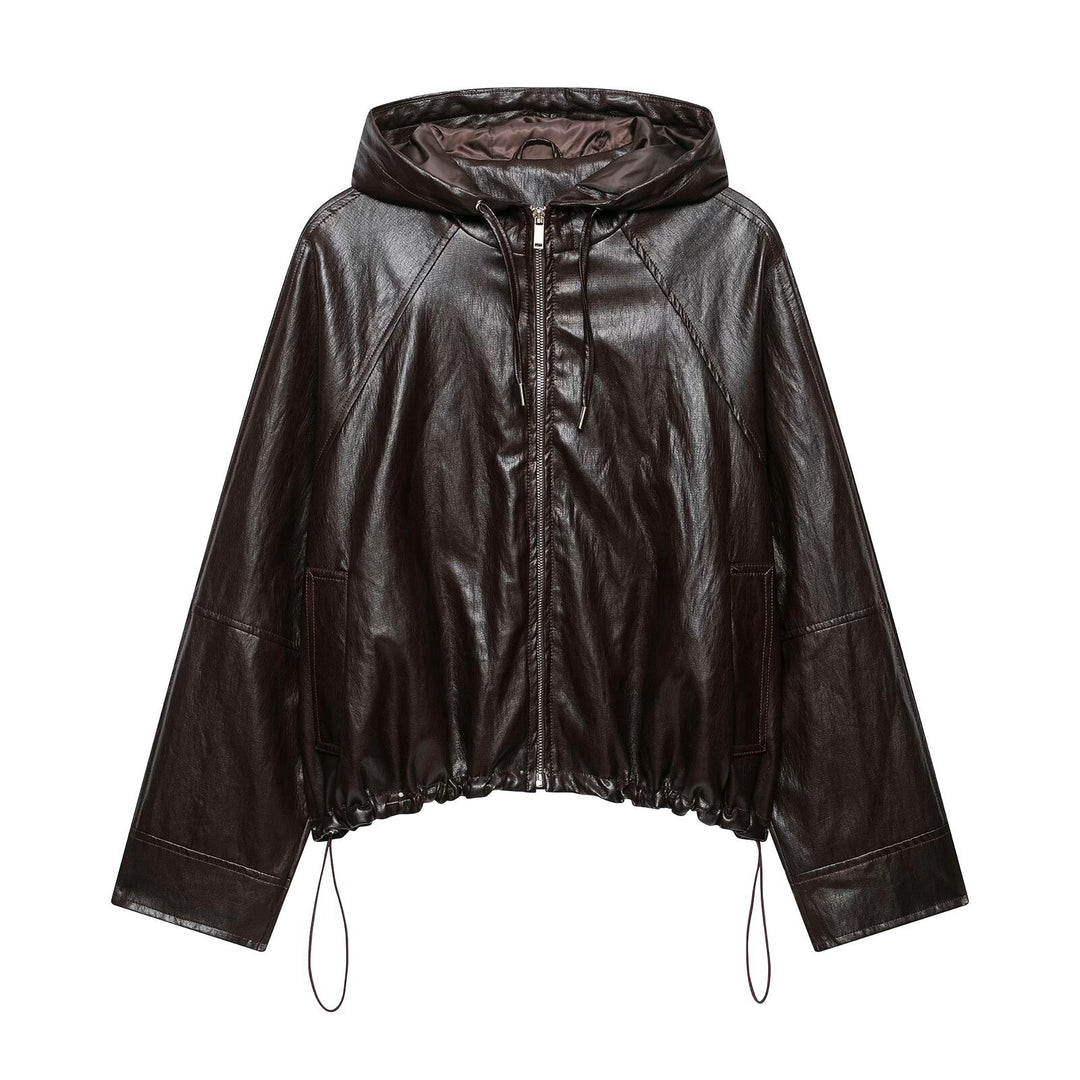 Damen kurze Kapuzen‑Lederoptikjacke mit Tunnelzug Raglanärmeln und Reißverschluss Nord Taschen