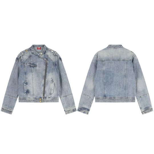 Damen asymmetrische Jeansjacke im Bikerstil mit Stehkragen und diagonalem Reißverschluss Nord Taschen