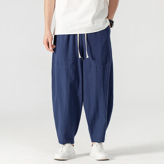 Herren Lässige Leinen-Baumwoll-Hose mit weitem Bein, Kordelzug und aufgesetzten Taschen Nord Taschen