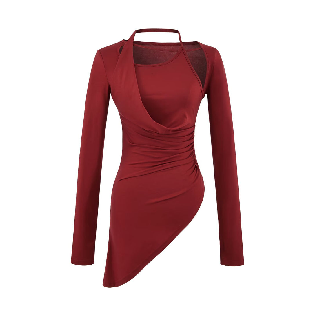 Damen Figurbetontes Langarm-Midikleid mit asymmetrischem Saum, Raffung und Neckholder Nord Taschen