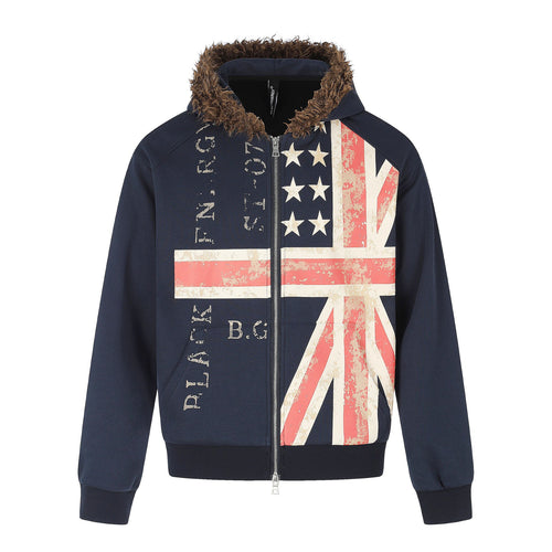 Herren Kapuzenjacke mit Kunstfellbesatz, Reißverschluss und Vintage‑Flaggenprint Nord Taschen