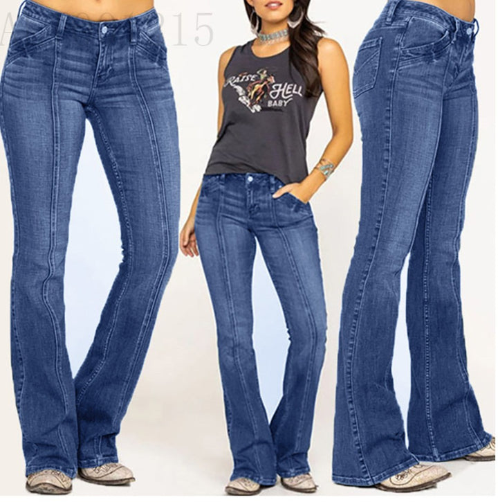 Damen weite Schlagjeans mit hochgeschnittener Taille, figurbetontem Hüftschnitt und elastischem Denim Nord Taschen