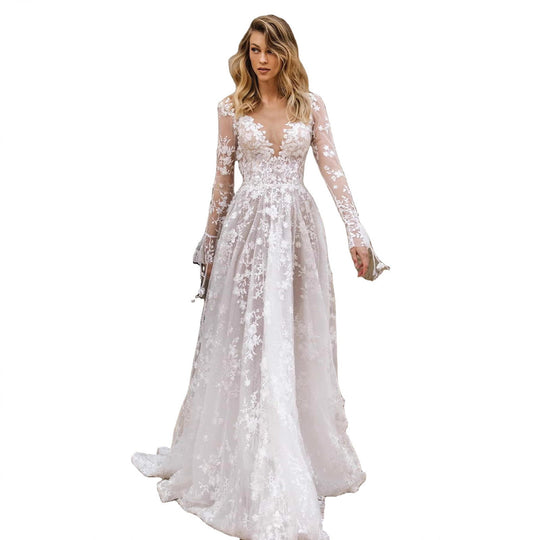 Damen Hochzeitskleid mit filigranem Spitzenoberteil und tiefem V-Ausschnitt