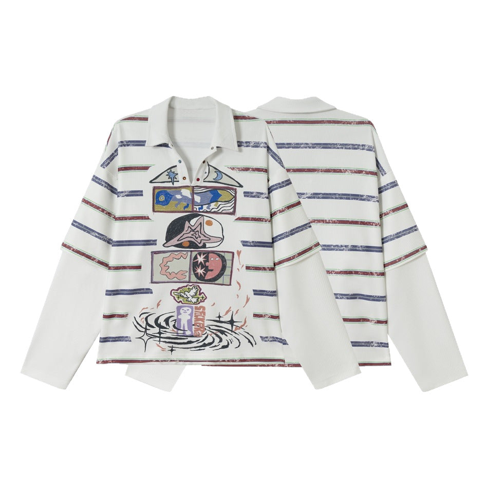 Damen Waffel-Polo-Shirt mit Grafik-Print, Streifen und halber Druckknopfleiste Nord Taschen