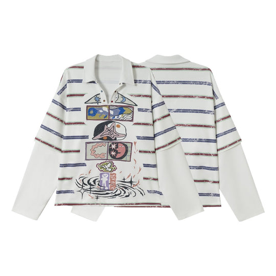 Damen Waffel-Polo-Shirt mit Grafik-Print, Streifen und halber Druckknopfleiste Nord Taschen