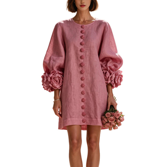 Damen Kurzkleid aus Leinen mit voluminösen Ballonärmeln und 3D-Blumenmanschetten Nord Taschen