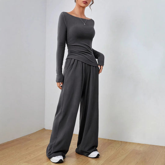 Damen Loungewear-Set aus weichfallendem Jersey mit U-Boot-Ausschnitt, tailliertem Longsleeve und weiter Palazzo-Hose Nord Taschen