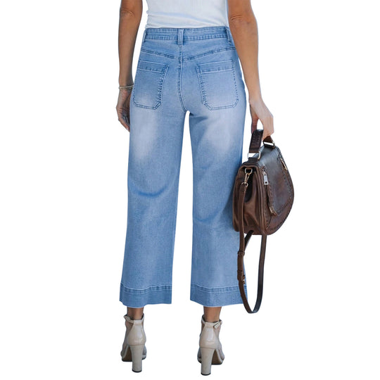 Damen Hochtaillierte Culotte-Jeans mit weitem Bein und aufgesetzten Vordertaschen Nord Taschen