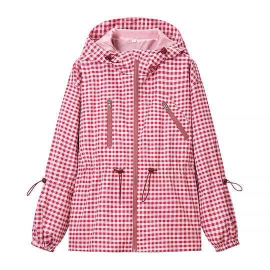 Damen 20+ leichte karierte Kapuzenjacke mit Tunnelzug, Reißverschluss und funktionalen Taschen Nord Taschen