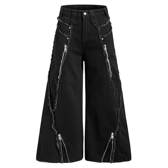 Damen weite Denim-Culotte mit Fransen-Details und Zipper-Akzenten Nord Taschen