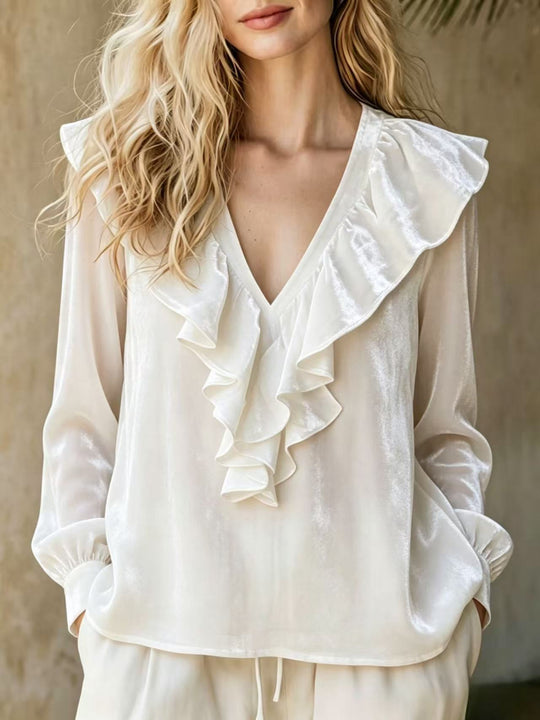 Damen Rüschige V-Ausschnitt-Bluse aus Chiffon mit Volantkragen und elastischen Manschetten Nord Taschen