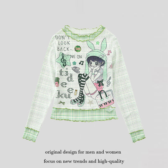 Damen Transparentes Mesh-Langarmshirt mit Manga-Print, Rüschensaum und Karomanschetten Nord Taschen