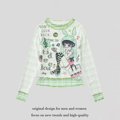 Damen Transparentes Mesh-Langarmshirt mit Manga-Print, Rüschensaum und Karomanschetten Nord Taschen