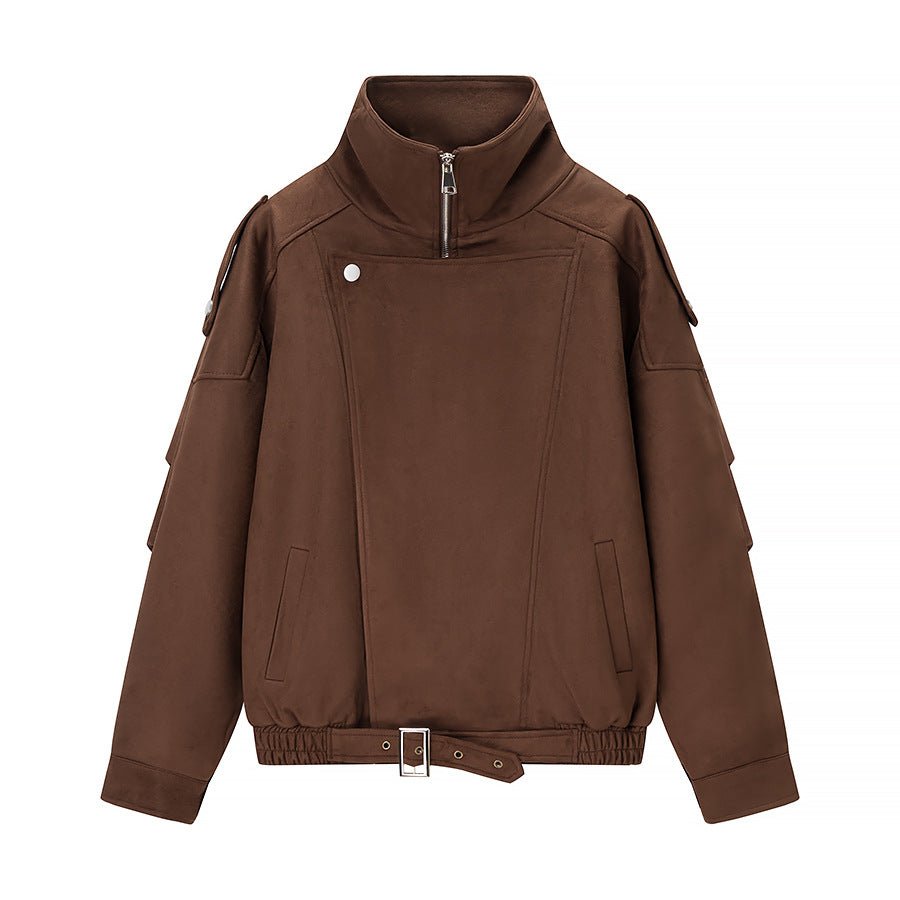 Damen Oversize-Bomberjacke im Velourslook mit hohem Stehkragen und Taillengürtel Nord Taschen