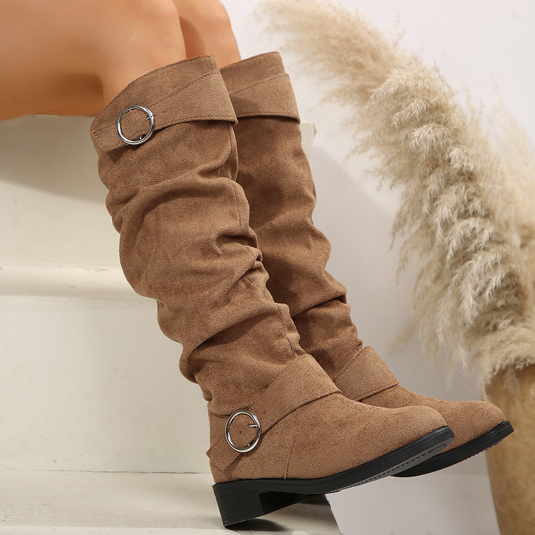 Damen Slouch-Stiefel mit verstellbaren Zier-Schnallen und Veloursoptik Schaft Nord Taschen