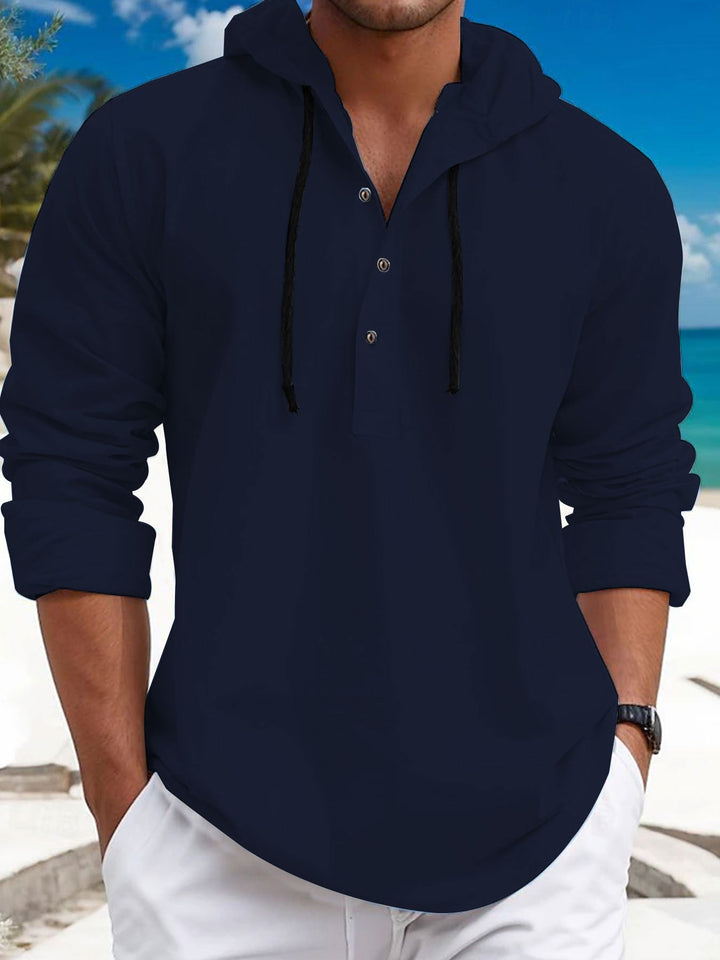 Herren nan sommerliches Hoodie-Henley mit verdeckter Knopfleiste, Kordelzug und gerundetem Saum
