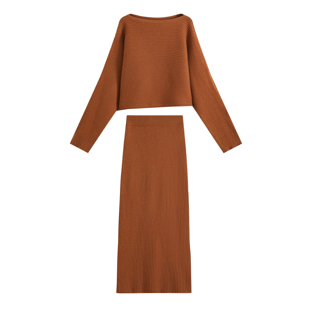 Damen Zweiteiliges Rippstrick-Set mit kurzem Pullover und Midirock Nord Taschen