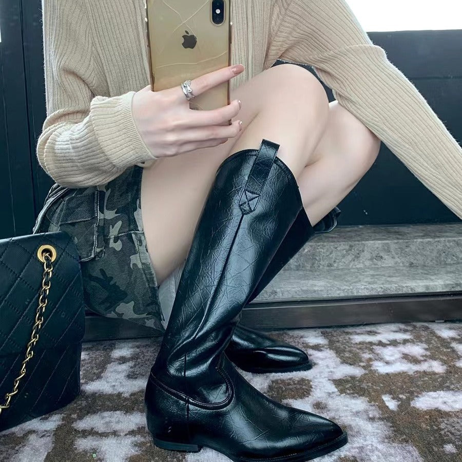 Damen Kniehohe Western‑Stiefel aus Glattleder mit spitzer Kappe und niedrigem Blockabsatz Nord Taschen