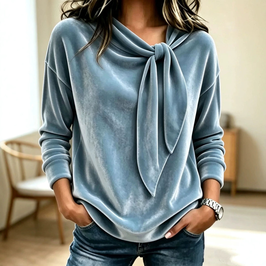 Damen Drapiertes Velours-Sweatshirt mit Knotenschalkragen Nord Taschen