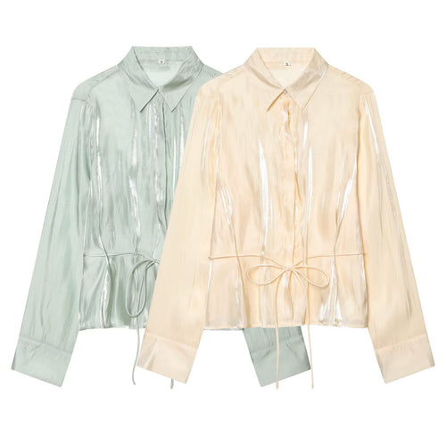 Damen Leichter Satin-Blouson im Crop-Schnitt mit Hemdkragen und Tunnelzug-Detail Nord Taschen