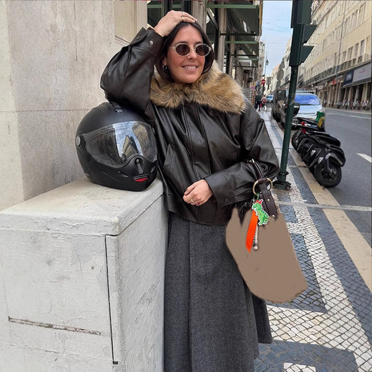 Damen Boxy Lederimitat-Blouson mit abnehmbarem Webpelzkragen und verdeckter Knopfleiste Nord Taschen