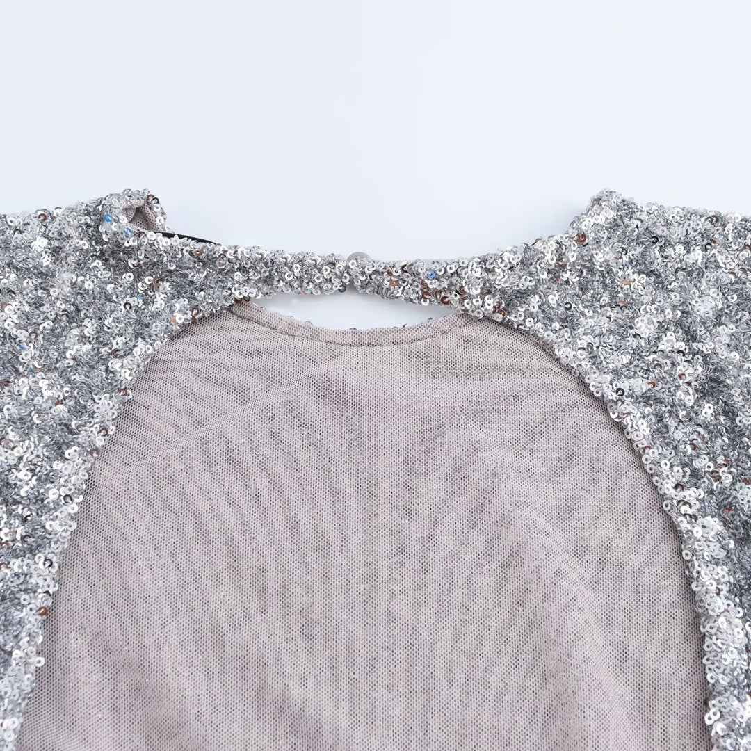 Damen Pailletten-Minikleid mit langen Ärmeln und U-Boot-Ausschnitt Nord Taschen