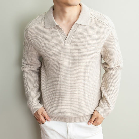 Herren Polo-Pullover mit strukturiertem Waffelstrick und Zopfmuster-Ärmeln Nord Taschen