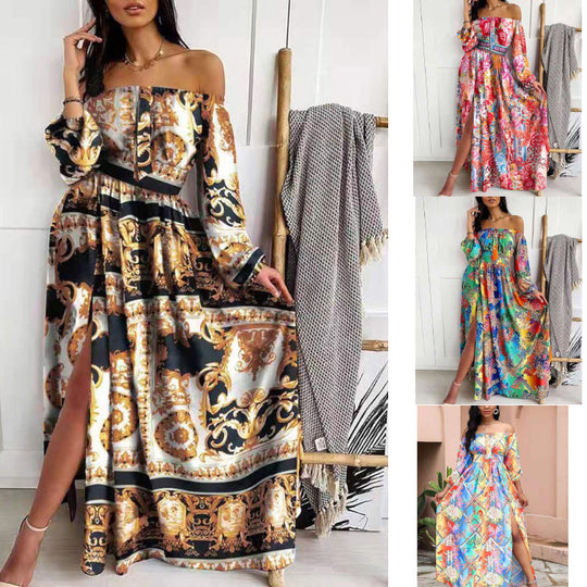 Damen Maxikleid mit offenem Schulterdesign und aufwendigem Barockmuster Nord Taschen
