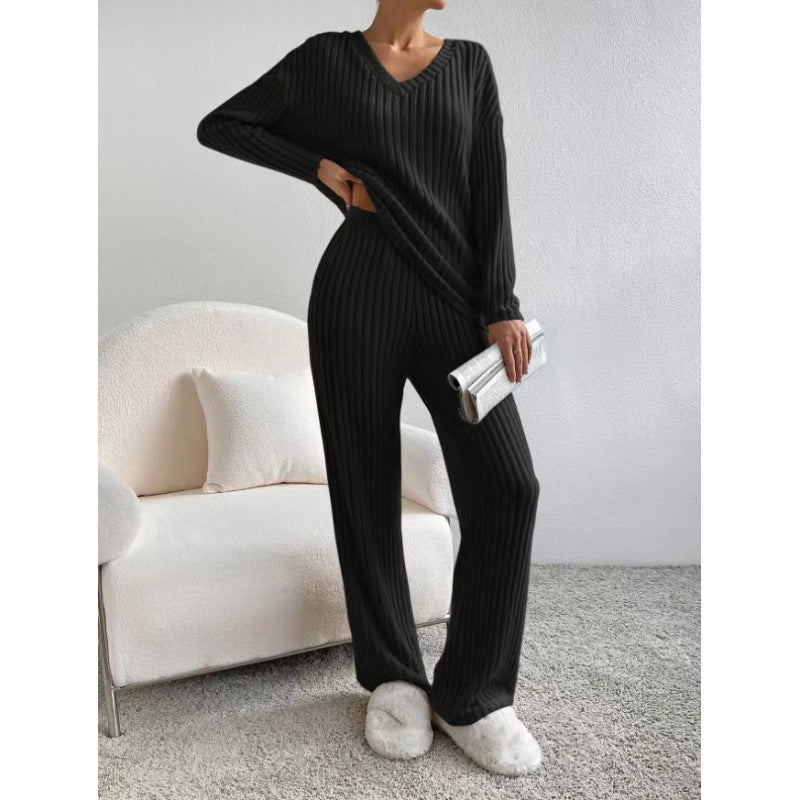 Damen Gemütliches Rippstrick-Loungewear-Set mit V-Ausschnitt und weitem Bein Nord Taschen