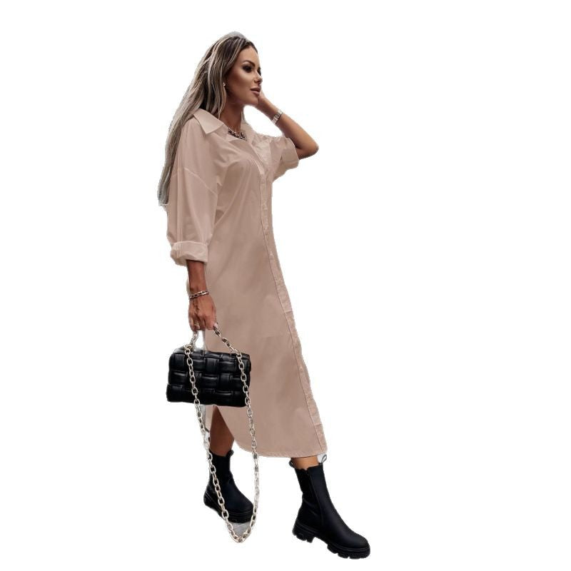 Damen Langes Oversize-Hemdblusenkleid mit durchgehender Knopfleiste, umgeschlagenen Ärmeln und tiefem Seitenschlitz Nord Taschen