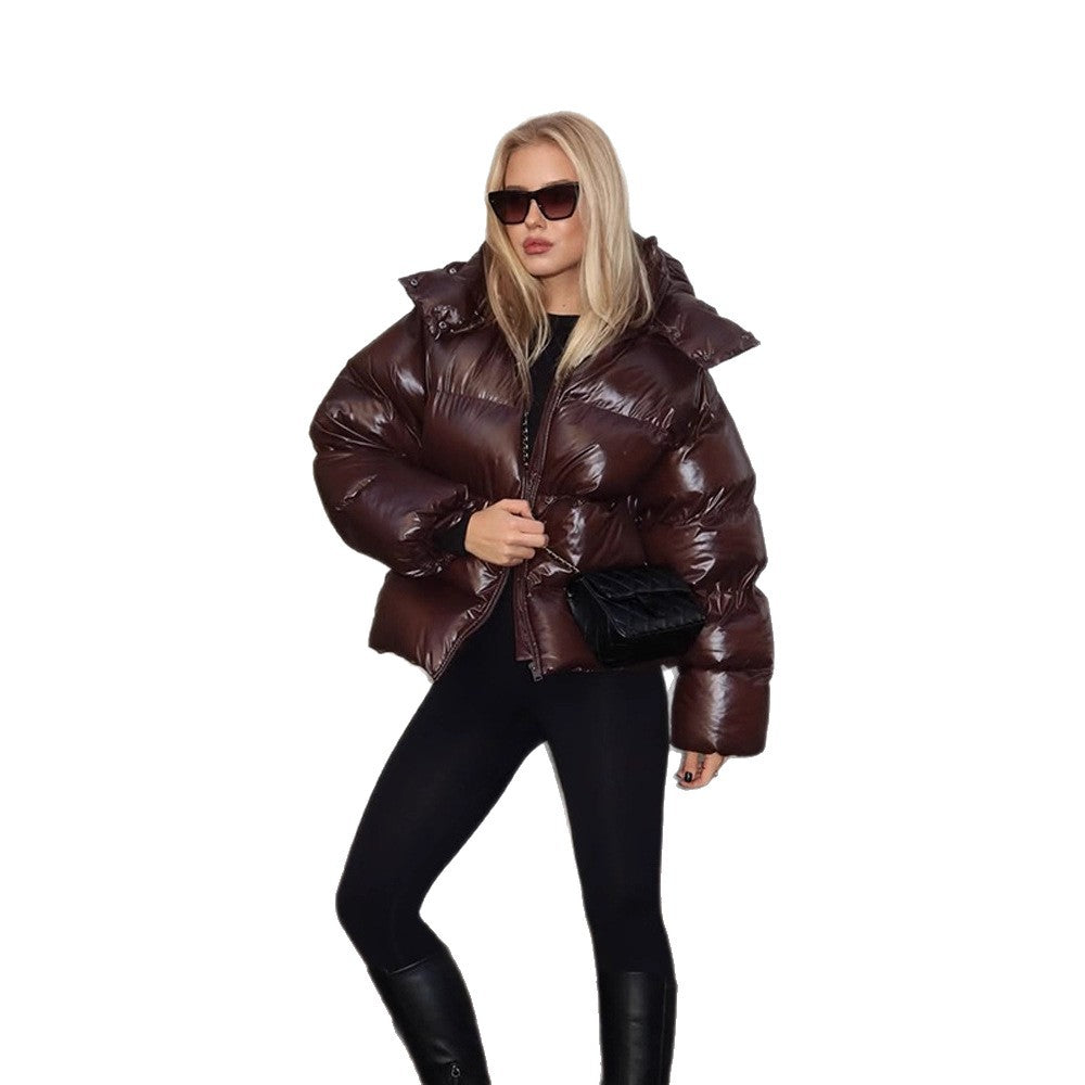 Damen Oversize Steppjacke in Lackoptik mit hohem Kragen und wattierter Fütterung Nord Taschen