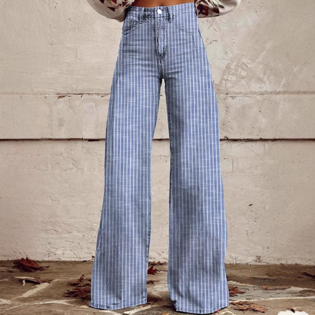 Damen weite Hose mit hohem Bund in Leinenoptik und vertikalen Nadelstreifen Schlaghose Nord Taschen