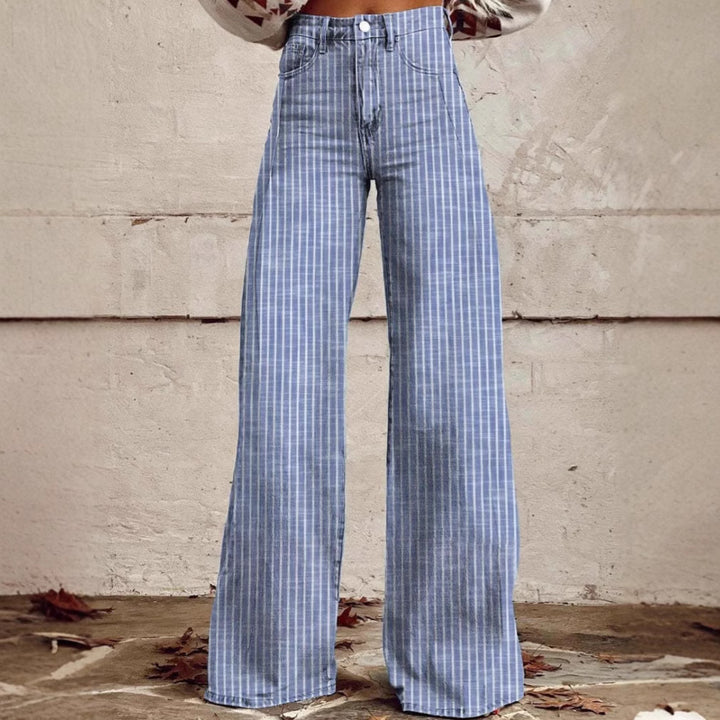 Damen weite Hose mit hohem Bund in Leinenoptik und vertikalen Nadelstreifen Schlaghose Nord Taschen