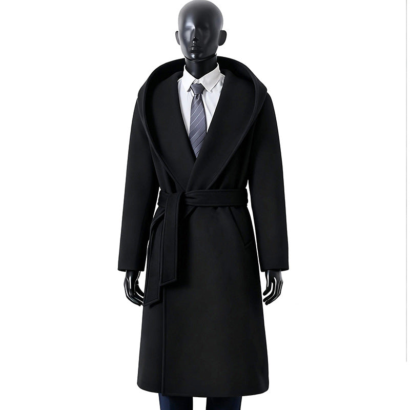Damen Maxilanger Kapuzenmantel aus Wollmix mit Bindegürtel und weichem Innenfutter Nord Taschen