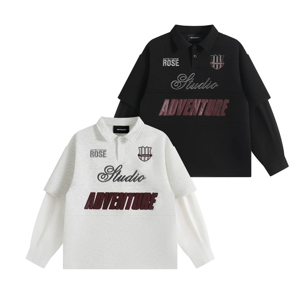 Damen Lagenlook-Sweatshirt mit Polokragen und aufgesetzten Stick-Patches Nord Taschen