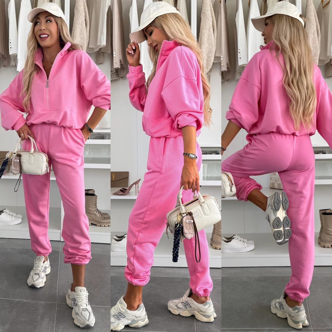 Damen kuscheliger Freizeit-Jogginganzug mit halbem Reißverschluss, Kängurutasche und elastischen Bündchen Nord Taschen