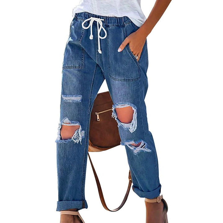 Damen lässige Destroyed-Denim-Jogger mit elastischem Kordelbund und aufgesetzten Fronttaschen Nord Taschen