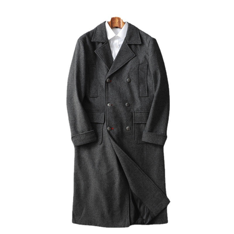Herren Eleganter lang geschnittener Wollmantel mit Doppelreihe und Pattentaschen Nord Taschen