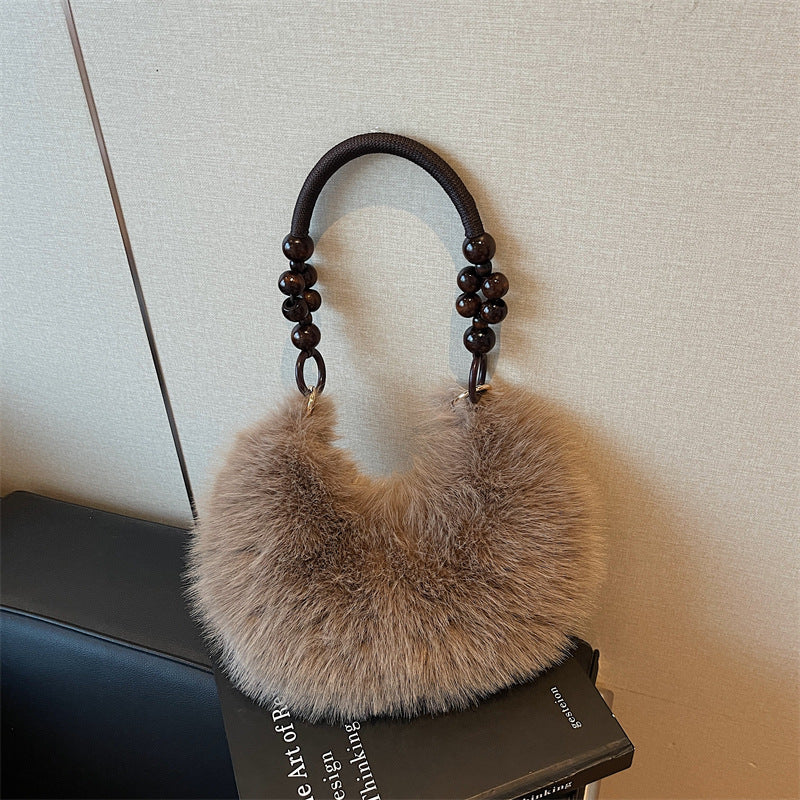 Damen Plüsch-Handtasche mit eleganten Holzgriffen Nord Taschen