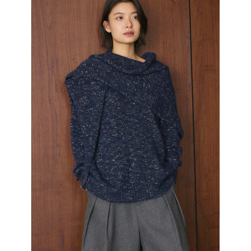 Damen Oversize-Pullover aus Fleckgarn mit weitem Wasserfallkragen Nord Taschen