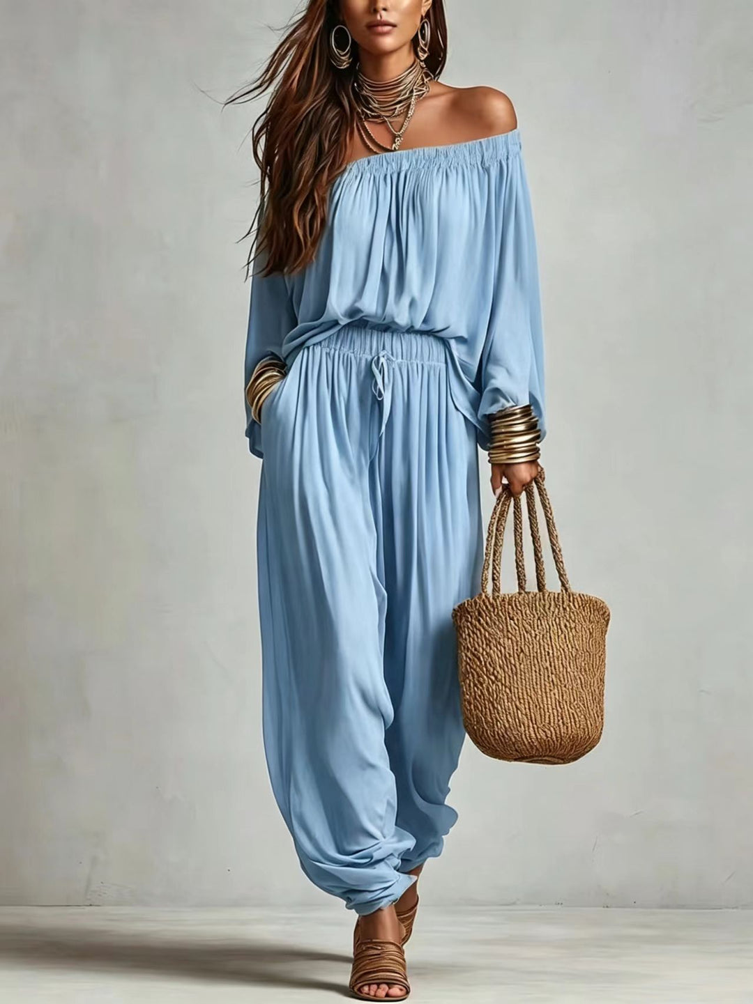 Damen Off-Shoulder Jumpsuit mit elastischem Taillenbund und weitem Plissee-Hosenbein Nord Taschen