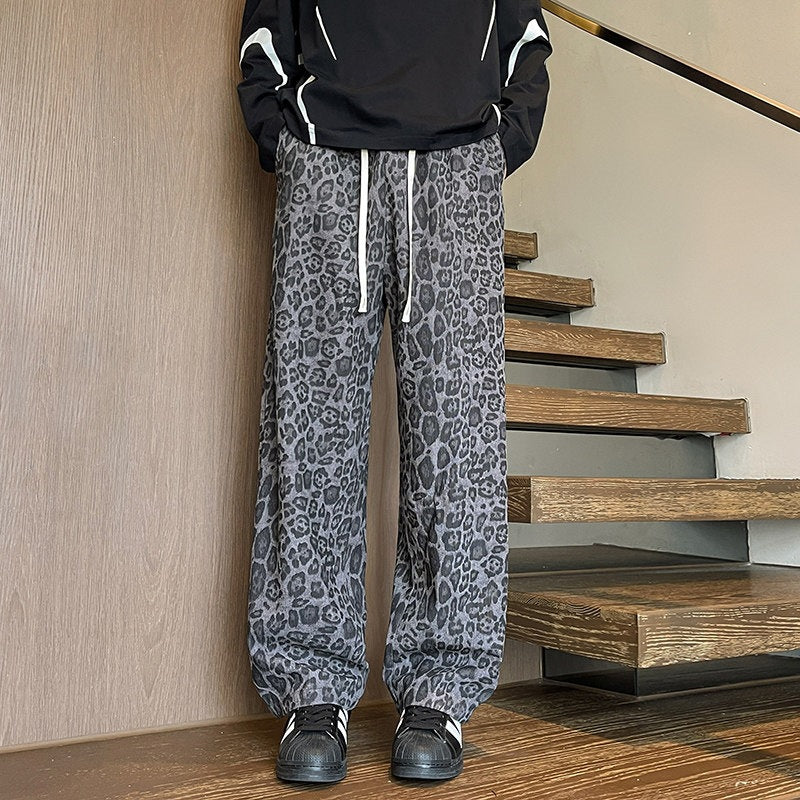 Herren Weit geschnittene Leoprint-Hose aus leichtem Viskose-Mix mit Kordelzug Nord Taschen